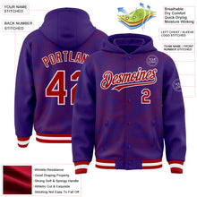 Load image into Gallery viewer, Custom Purple Red-White Curve Lines 3D Pattern Design Bomber Full-Snap Varsity Letterman Hoodie Jacket
