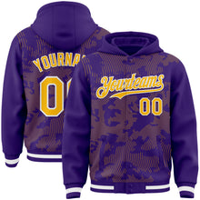 Load image into Gallery viewer, Custom Purple Gold-White Curve Lines 3D Pattern Design Bomber Full-Snap Varsity Letterman Hoodie Jacket

