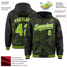 Загрузить изображение в средство просмотра галереи, Custom Black Neon Green-White Curve Lines 3D Pattern Design Bomber Full-Snap Varsity Letterman Hoodie Jacket
