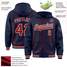 Load image into Gallery viewer, Custom Navy Red-White Curve Lines 3D Pattern Design Bomber Full-Snap Varsity Letterman Hoodie Jacket

