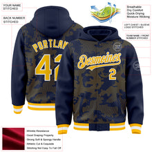 Load image into Gallery viewer, Custom Navy Gold-White Curve Lines 3D Pattern Design Bomber Full-Snap Varsity Letterman Hoodie Jacket

