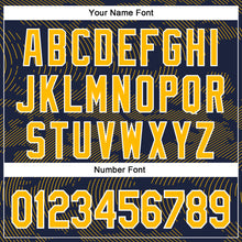 Load image into Gallery viewer, Custom Navy Gold-White Curve Lines 3D Pattern Design Bomber Full-Snap Varsity Letterman Hoodie Jacket
