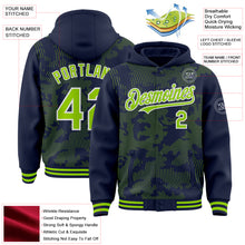 Загрузить изображение в средство просмотра галереи, Custom Navy Neon Green-White Curve Lines 3D Pattern Design Bomber Full-Snap Varsity Letterman Hoodie Jacket
