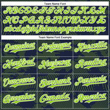 Загрузить изображение в средство просмотра галереи, Custom Navy Neon Green-White Curve Lines 3D Pattern Design Bomber Full-Snap Varsity Letterman Hoodie Jacket
