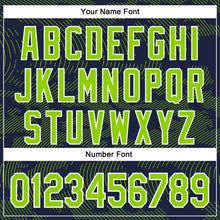 Загрузить изображение в средство просмотра галереи, Custom Navy Neon Green-White Curve Lines 3D Pattern Design Bomber Full-Snap Varsity Letterman Hoodie Jacket
