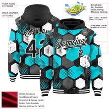 Load image into Gallery viewer, Custom Black Teal-White Geometric Shape 3D Pattern Design Bomber Full-Snap Varsity Letterman Hoodie Jacket
