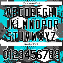 Load image into Gallery viewer, Custom Black Teal-White Geometric Shape 3D Pattern Design Bomber Full-Snap Varsity Letterman Hoodie Jacket
