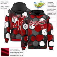 Load image into Gallery viewer, Custom Black Red-White Geometric Shape 3D Pattern Design Bomber Full-Snap Varsity Letterman Hoodie Jacket
