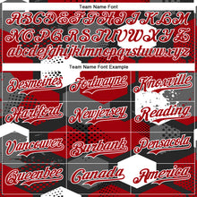 Load image into Gallery viewer, Custom Black Red-White Geometric Shape 3D Pattern Design Bomber Full-Snap Varsity Letterman Hoodie Jacket
