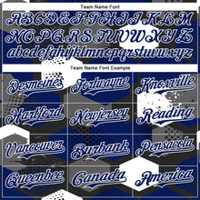 Load image into Gallery viewer, Custom Black Royal-White Geometric Shape 3D Pattern Design Bomber Full-Snap Varsity Letterman Hoodie Jacket
