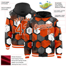 Load image into Gallery viewer, Custom Black Orange-White Geometric Shape 3D Pattern Design Bomber Full-Snap Varsity Letterman Hoodie Jacket
