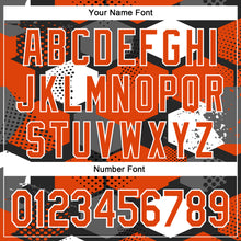 Load image into Gallery viewer, Custom Black Orange-White Geometric Shape 3D Pattern Design Bomber Full-Snap Varsity Letterman Hoodie Jacket
