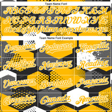 Load image into Gallery viewer, Custom Black Gold-White Geometric Shape 3D Pattern Design Bomber Full-Snap Varsity Letterman Hoodie Jacket
