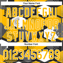 Load image into Gallery viewer, Custom Black Gold-White Geometric Shape 3D Pattern Design Bomber Full-Snap Varsity Letterman Hoodie Jacket
