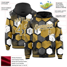 Загрузить изображение в средство просмотра галереи, Custom Black Old Gold-White Geometric Shape 3D Pattern Design Bomber Full-Snap Varsity Letterman Hoodie Jacket
