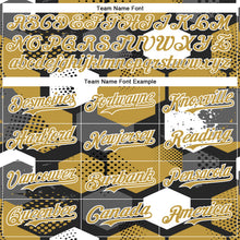 Загрузить изображение в средство просмотра галереи, Custom Black Old Gold-White Geometric Shape 3D Pattern Design Bomber Full-Snap Varsity Letterman Hoodie Jacket
