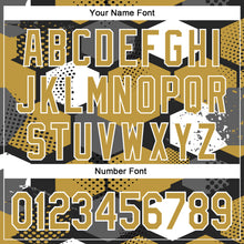 Загрузить изображение в средство просмотра галереи, Custom Black Old Gold-White Geometric Shape 3D Pattern Design Bomber Full-Snap Varsity Letterman Hoodie Jacket
