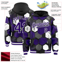 Load image into Gallery viewer, Custom Black Purple-White Geometric Shape 3D Pattern Design Bomber Full-Snap Varsity Letterman Hoodie Jacket
