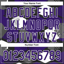 Load image into Gallery viewer, Custom Black Purple-White Geometric Shape 3D Pattern Design Bomber Full-Snap Varsity Letterman Hoodie Jacket
