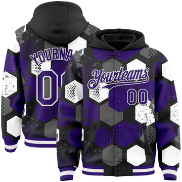 Custom Black Purple-White Geometric Shape 3D Pattern Design Bomber Full-Snap Varsity Letterman Hoodie Jacket