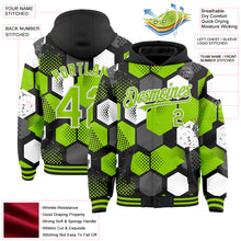 Загрузить изображение в средство просмотра галереи, Custom Black Neon Green-White Geometric Shape 3D Pattern Design Bomber Full-Snap Varsity Letterman Hoodie Jacket
