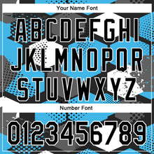 Load image into Gallery viewer, Custom Black Sky Blue-White Geometric Shape 3D Pattern Design Bomber Full-Snap Varsity Letterman Hoodie Jacket
