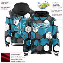 Загрузить изображение в средство просмотра галереи, Custom Black Panther Blue-White Geometric Shape 3D Pattern Design Bomber Full-Snap Varsity Letterman Hoodie Jacket
