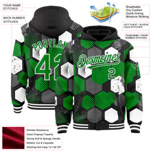 Load image into Gallery viewer, Custom Black Grass Green-White Geometric Shape 3D Pattern Design Bomber Full-Snap Varsity Letterman Hoodie Jacket
