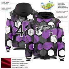Load image into Gallery viewer, Custom Black Medium Purple-White Geometric Shape 3D Pattern Design Bomber Full-Snap Varsity Letterman Hoodie Jacket
