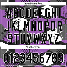 Load image into Gallery viewer, Custom Black Medium Purple-White Geometric Shape 3D Pattern Design Bomber Full-Snap Varsity Letterman Hoodie Jacket
