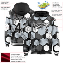Load image into Gallery viewer, Custom Black Silver-White Geometric Shape 3D Pattern Design Bomber Full-Snap Varsity Letterman Hoodie Jacket
