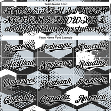 Load image into Gallery viewer, Custom Black Silver-White Geometric Shape 3D Pattern Design Bomber Full-Snap Varsity Letterman Hoodie Jacket
