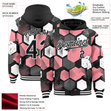 Load image into Gallery viewer, Custom Black Medium Pink-White Geometric Shape 3D Pattern Design Bomber Full-Snap Varsity Letterman Hoodie Jacket
