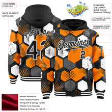 Charger l'image dans la galerie, Custom Black Bay Orange-White Geometric Shape 3D Pattern Design Bomber Full-Snap Varsity Letterman Hoodie Jacket
