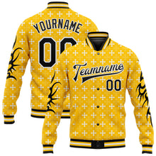 Load image into Gallery viewer, Custom Gold Black-White Gothic Crosses 3D Pattern Design Bomber Full-Snap Varsity Letterman Jacket
