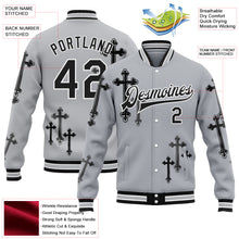 Загрузить изображение в средство просмотра галереи, Custom Gray Black-White Gothic Crosses 3D Pattern Design Bomber Full-Snap Varsity Letterman Jacket
