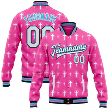 Charger l'image dans la galerie, Custom Pink White Sky Blue-Black Gothic Crosses 3D Pattern Design Bomber Full-Snap Varsity Letterman Jacket
