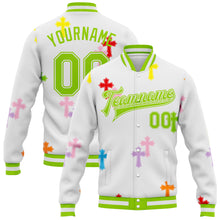 Charger l'image dans la galerie, Custom White Neon Green Gothic Crosses 3D Pattern Design Bomber Full-Snap Varsity Letterman Jacket
