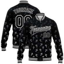 Загрузить изображение в средство просмотра галереи, Custom Black White Gothic Glitter Crosses 3D Pattern Design Bomber Full-Snap Varsity Letterman Jacket
