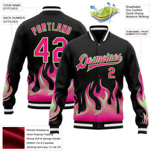 Charger l'image dans la galerie, Custom Black Hot Pink Pea Green-White Flame 3D Pattern Design Bomber Full-Snap Varsity Letterman Jacket
