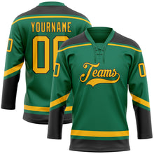 Laden Sie das Bild in den Galerie-Viewer, Custom Kelly Green Gold-Black Hockey Lace Neck Jersey
