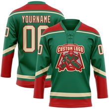 Загрузить изображение в средство просмотра галереи, Custom Kelly Green City Cream-Red Hockey Lace Neck Jersey
