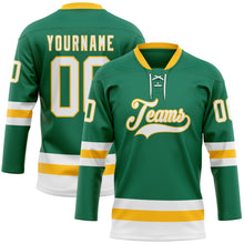 Laden Sie das Bild in den Galerie-Viewer, Custom Kelly Green White-Gold Hockey Lace Neck Jersey

