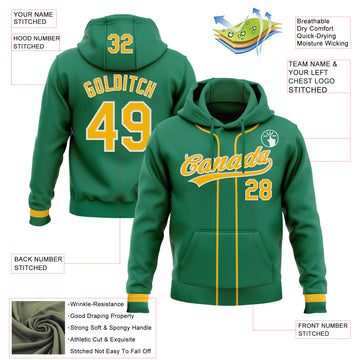 Custom Stitched Kelly Green Gold-White Baseball Pullover Sweatshirt Hoodie