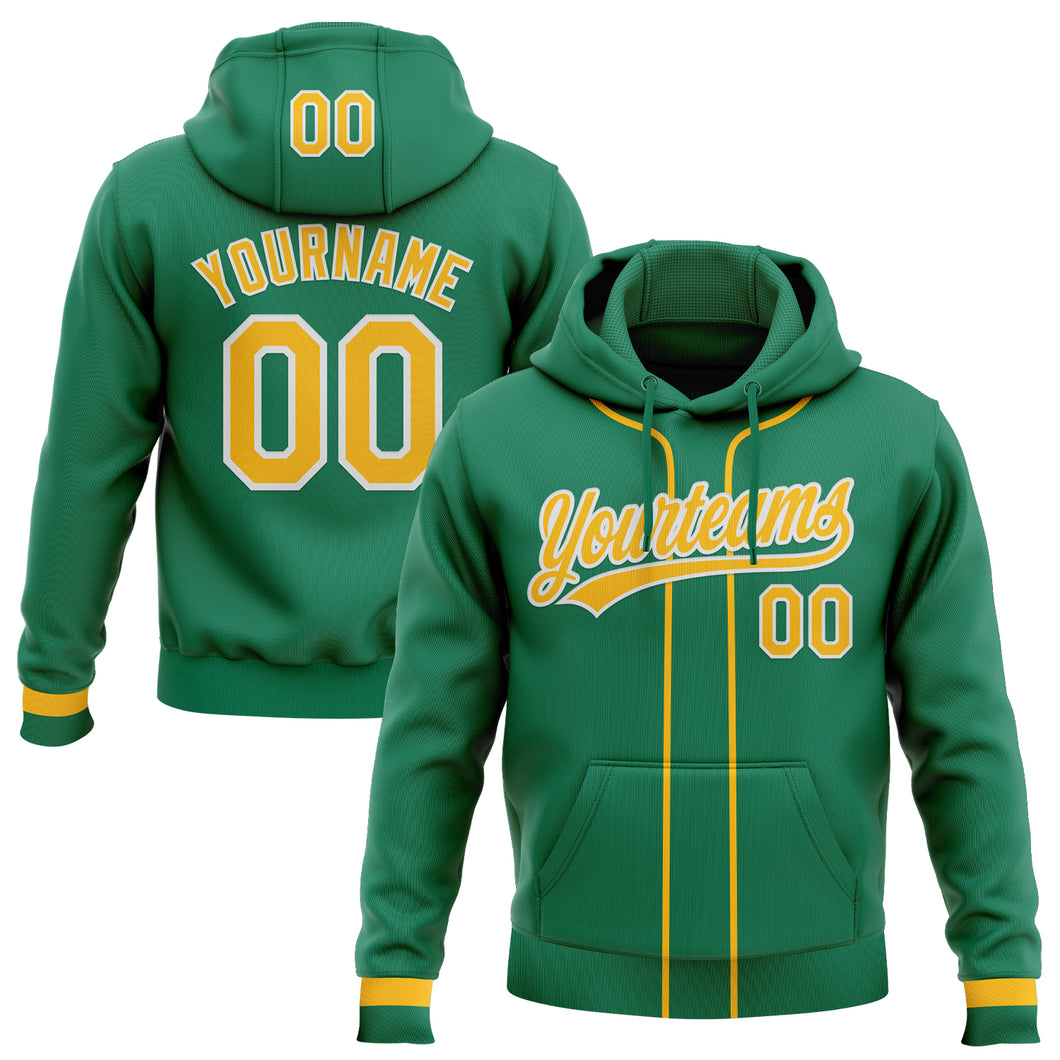 Custom Stitched Kelly Green Gold-White Baseball Pullover Sweatshirt Hoodie