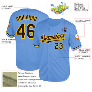 Custom Light Blue Brown-Yellow Mesh Authentic Throwback Baseball Jersey