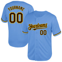 Load image into Gallery viewer, Custom Light Blue Brown-Yellow Mesh Authentic Throwback Baseball Jersey
