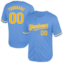 Load image into Gallery viewer, Custom Light Blue Gold-White Mesh Authentic Throwback Baseball Jersey
