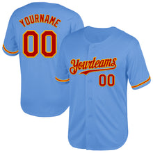 Load image into Gallery viewer, Custom Light Blue Red-Gold Mesh Authentic Throwback Baseball Jersey
