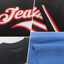 Load image into Gallery viewer, Custom Light Blue Crimson-Black Mesh Authentic Throwback Baseball Jersey
